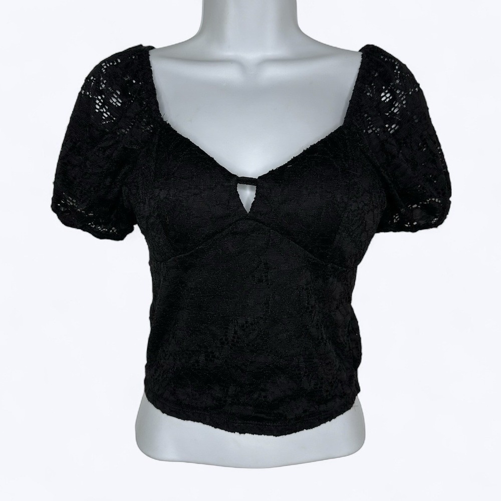 No Boundaries Lace Sweetheart Neck Top Juniors Sz S Black Puff Sleeve Festival
